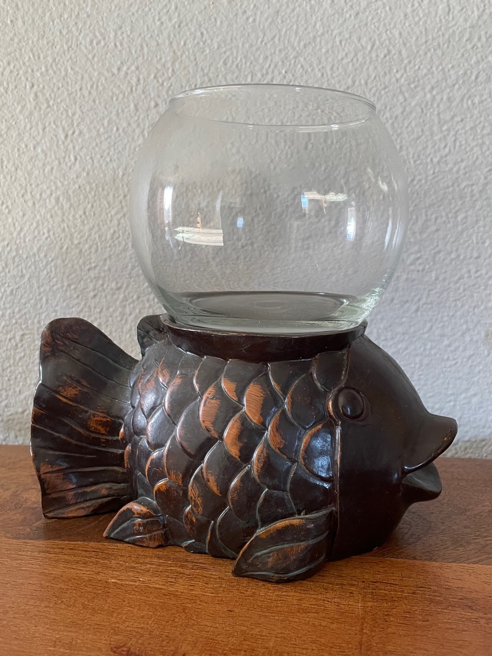 Vintage Japanese Koi Ornate Carved Fish Bowl Stand with Bowl